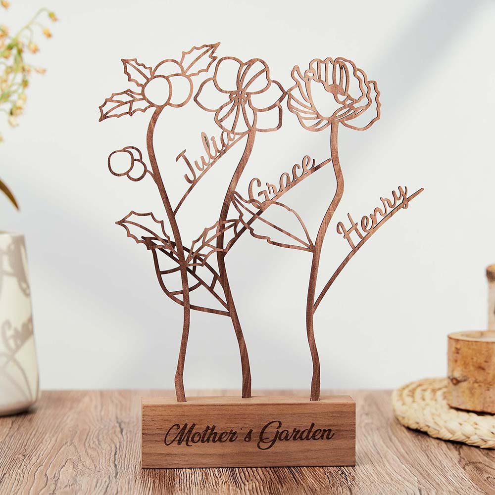 Wood Birth Flower with Names Christmas Gift for Mom Custom Wood Gifts Flower Decoration