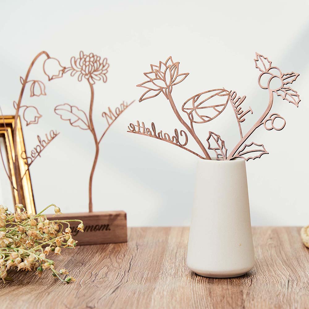 Wood Birth Flower with Names Christmas Gift for Mom Custom Wood Gifts Flower Decoration