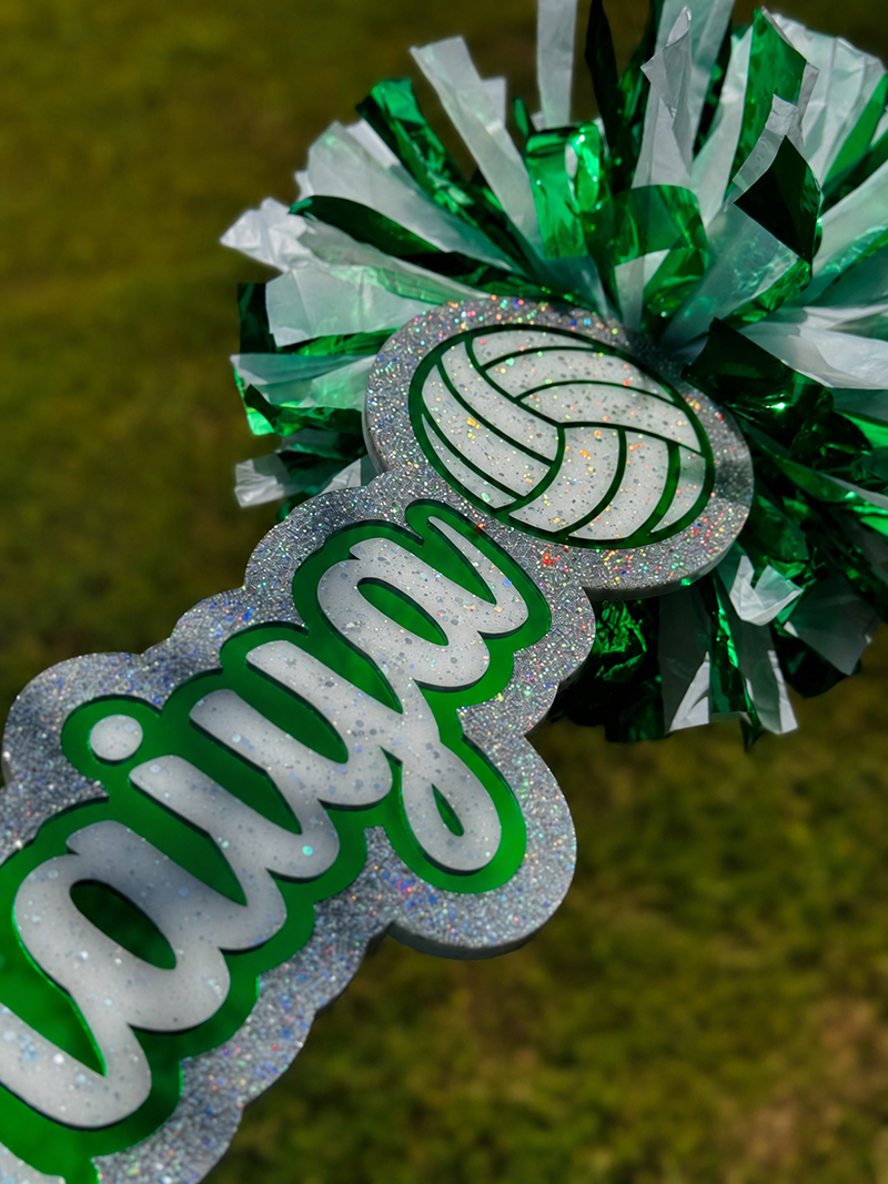 Customizable Cheer Stick with Volleyball Added | Acrylic Sign With Pom Poms