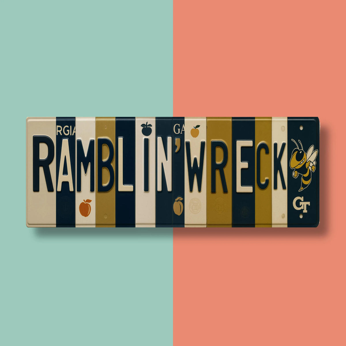 Ramblin’ Wreck License Plate Sign – Georgia Tech Yellow Jackets Metal Wall Art | Navy & Gold Fan Cave, Dorm and Tailgate Decor (16×6)