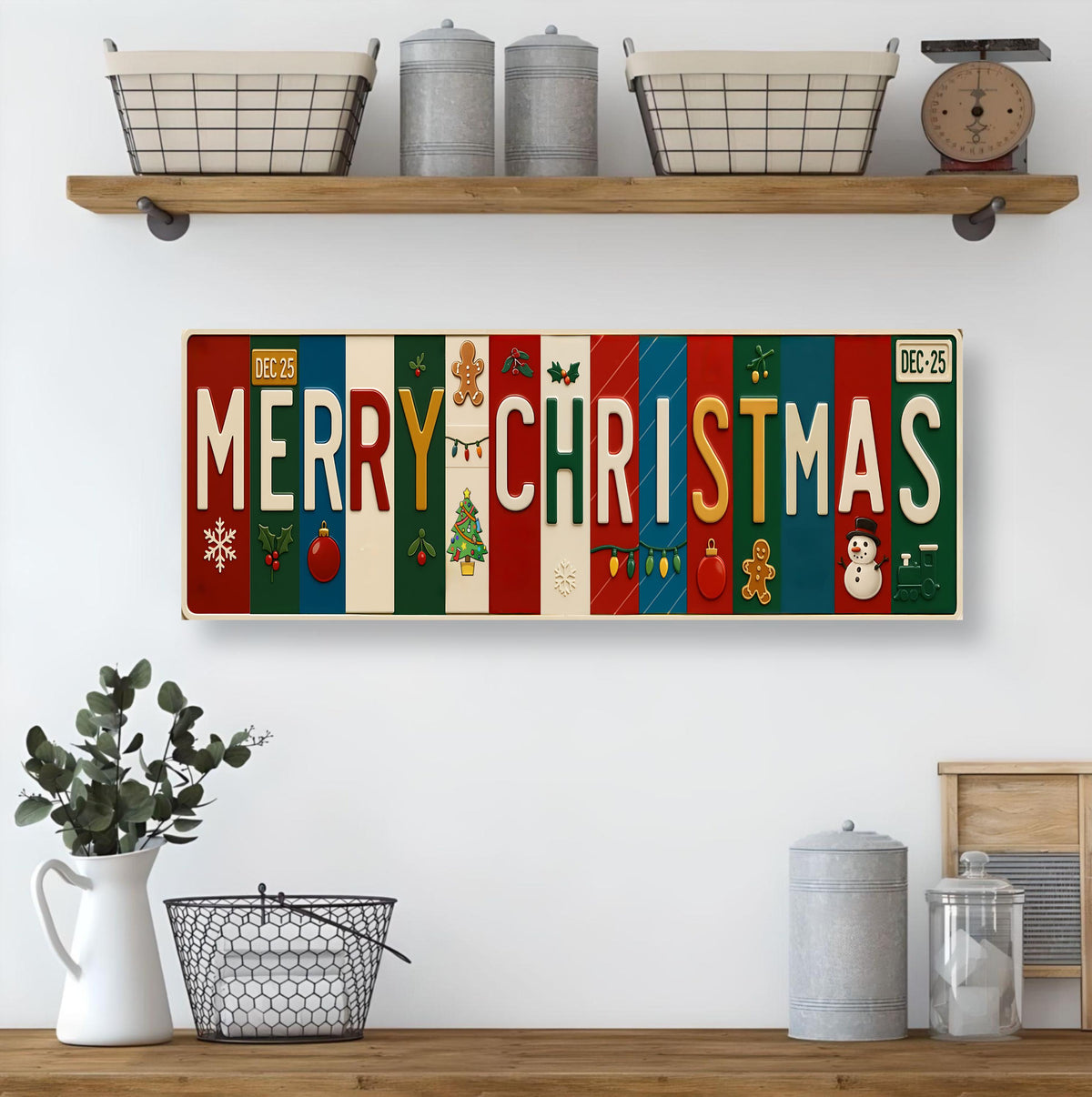 Merry Christmas Metal Sign – Holiday Decor, 16x6 License Plate Style Wall Art, Printed Aluminum with Pre-Drilled Holes, Farmhouse Christmas