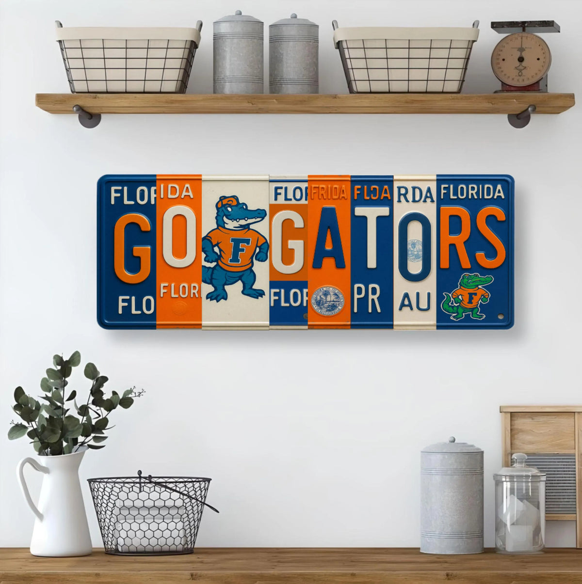 GO GATORS License Plate Sign – Florida Gators Metal Wall Art | Orange and Blue Fan Cave, Dorm and Tailgate Decor (16×6)