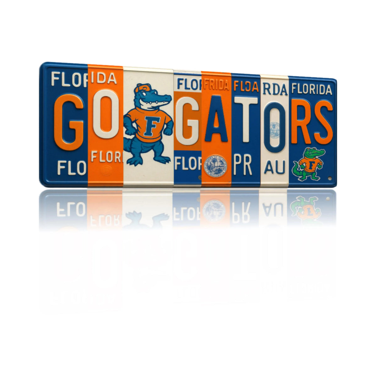 GO GATORS License Plate Sign – Florida Gators Metal Wall Art | Orange and Blue Fan Cave, Dorm and Tailgate Decor (16×6)
