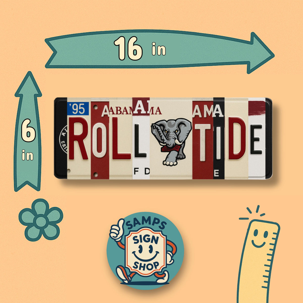 Roll Tide License Plate Sign – Alabama Crimson Tide Metal Wall Art | UA Dorm Decor & Game‑Day Fan Cave Gift 16×6