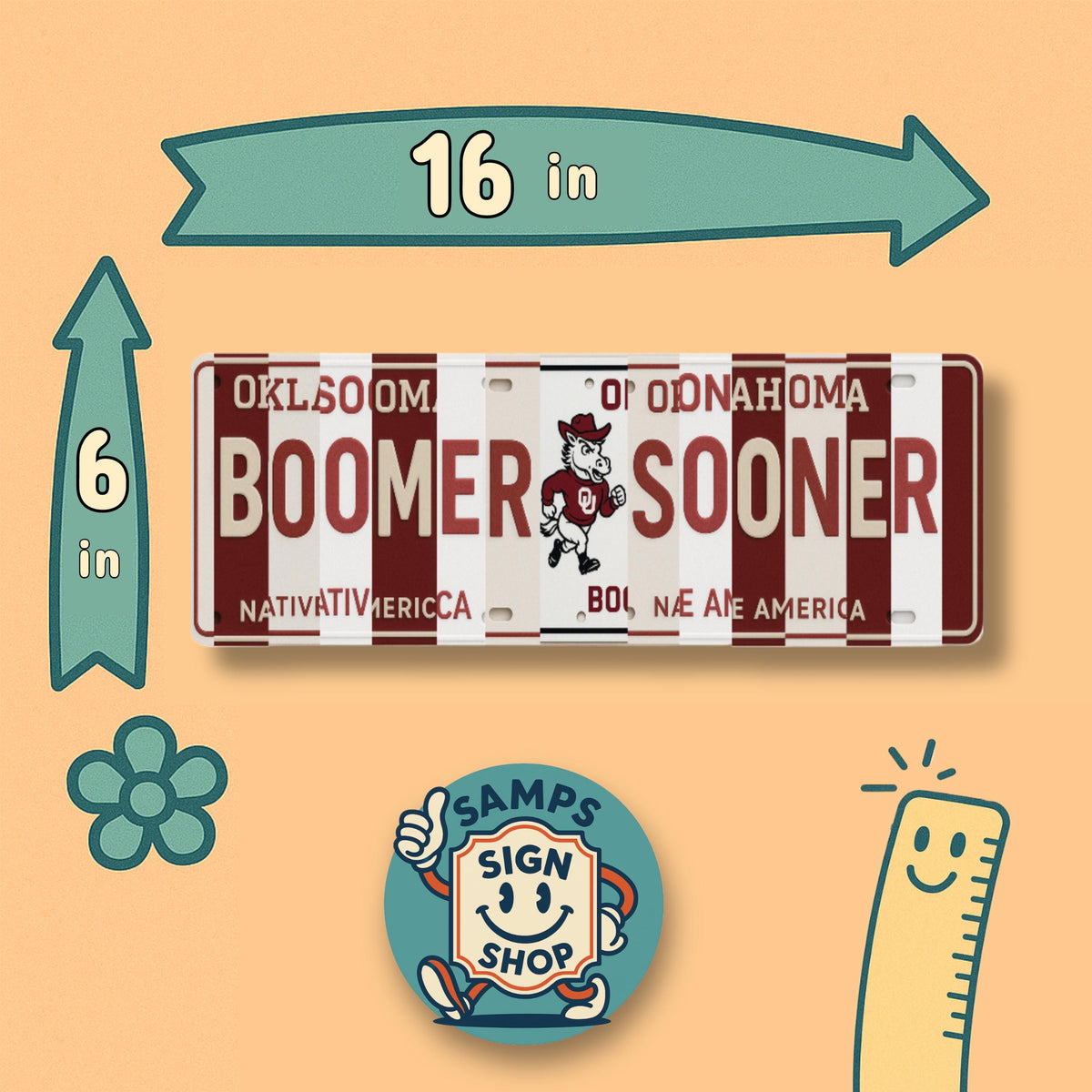 Boomer Sooner License Plate Sign – Oklahoma Sooners Metal Wall Art | Crimson & Cream Fan Cave, Dorm Decor and Game Day Gift (16×6)