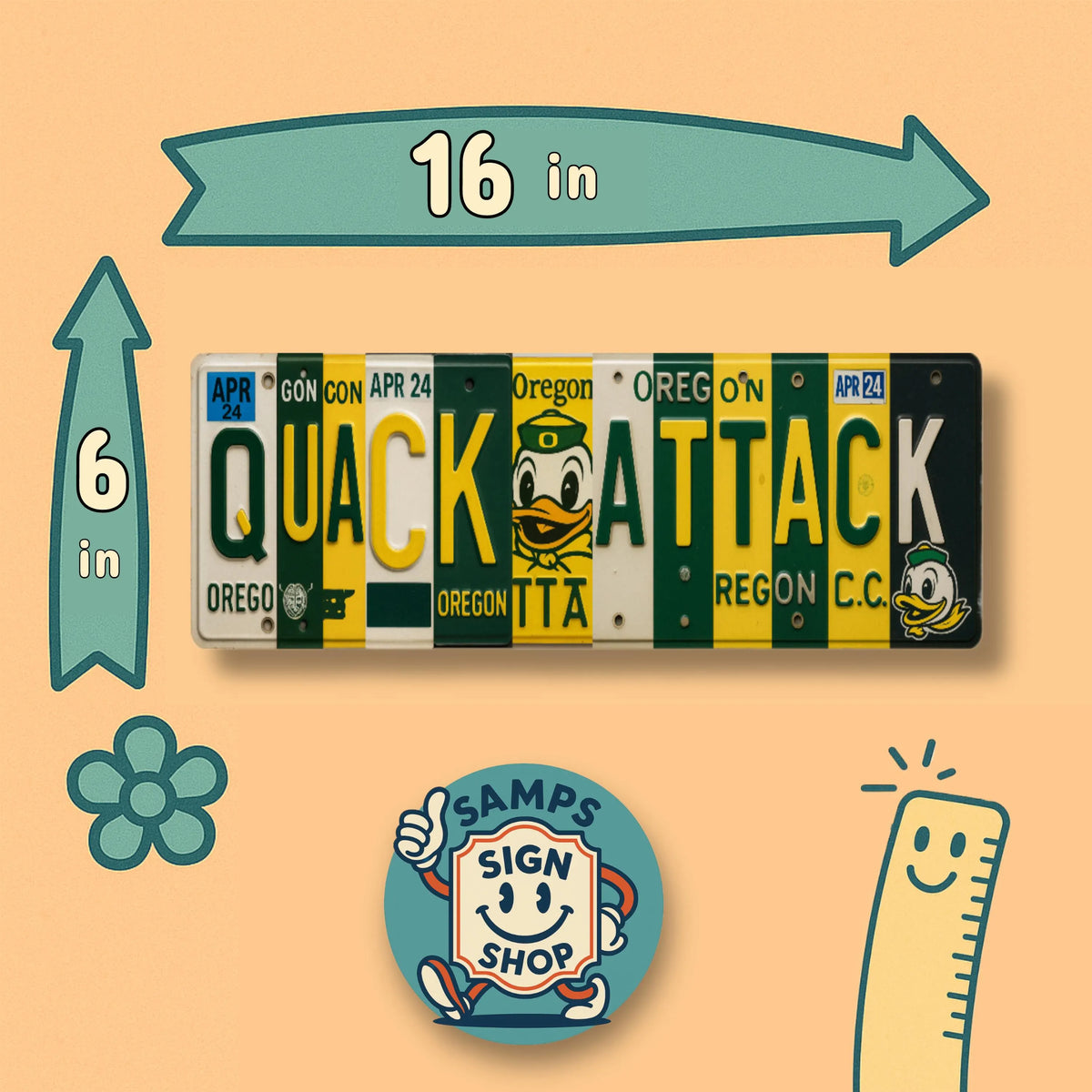 Quack Attack License Plate Sign – Oregon Ducks Metal Wall Art | Green & Yellow Fan Cave, Dorm and Tailgate Decor (16×6)