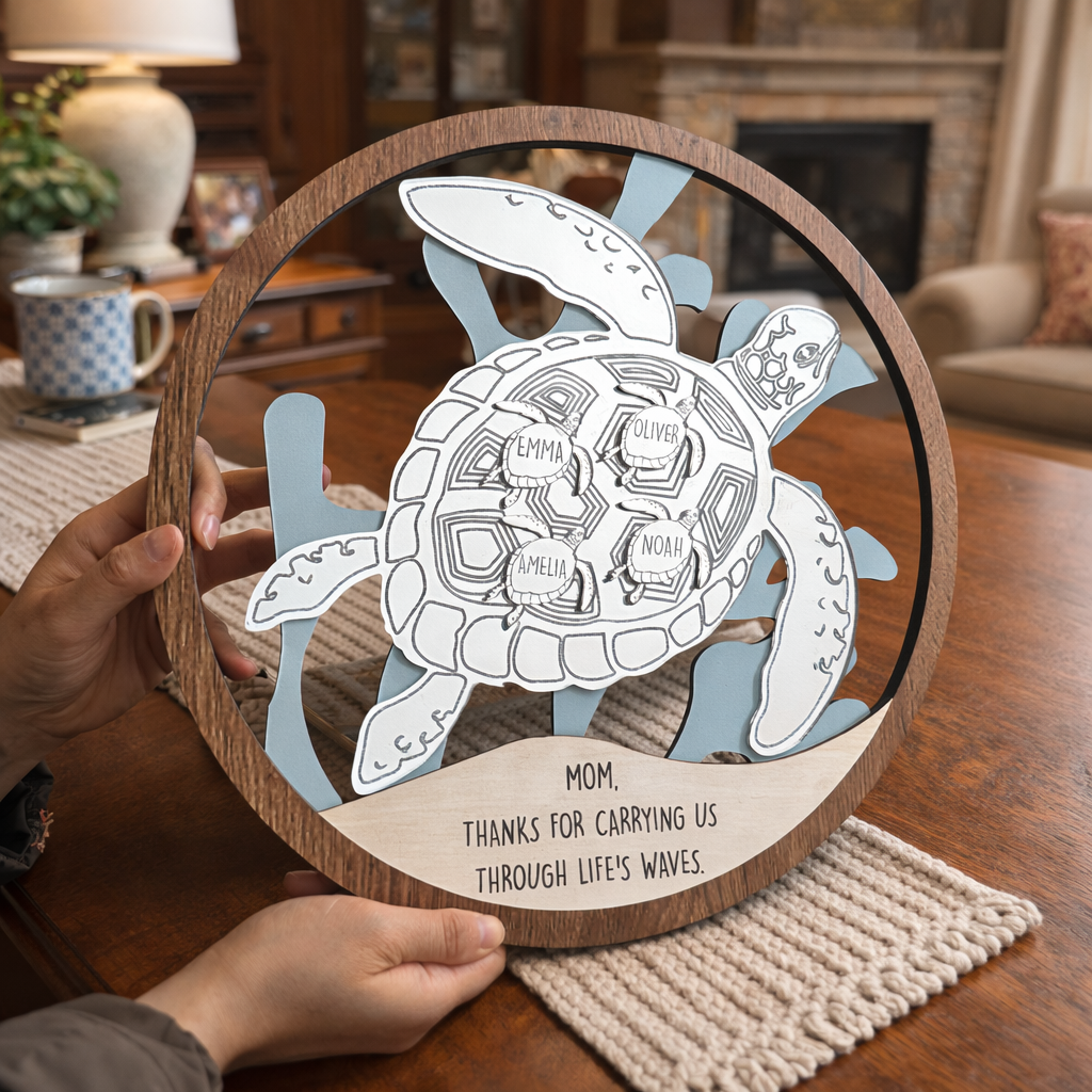 Sea Turtle Round Wood Sign in Gold Gift for Mom