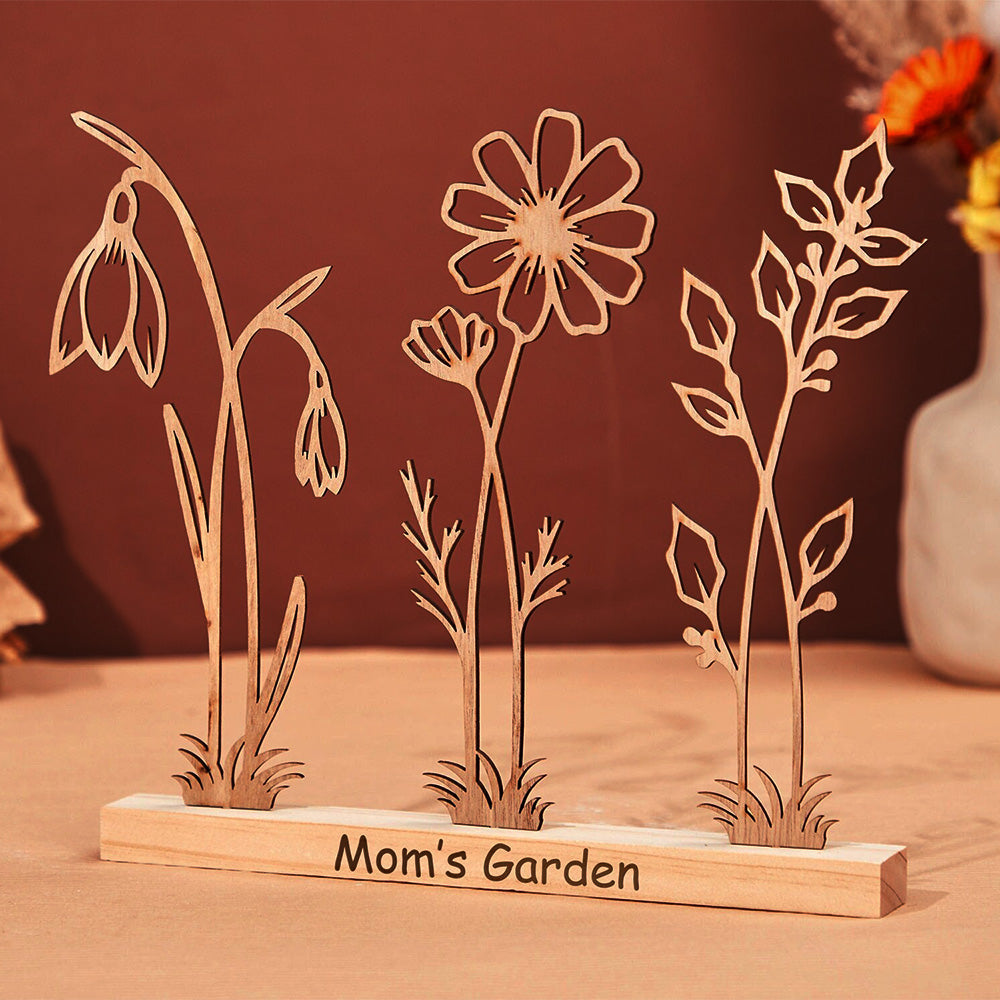 Personalized Wood Birth Flower Garden Engraved Flower Decoration Christmas Gift For Mom Grandma Gift
