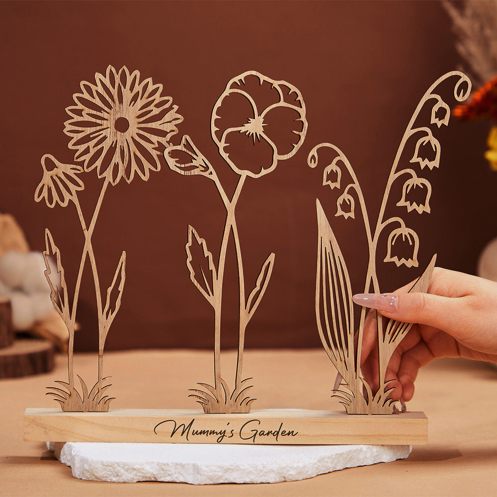 Personalized Wood Birth Flower Garden Engraved Flower Decoration Christmas Gift For Mom Grandma Gift