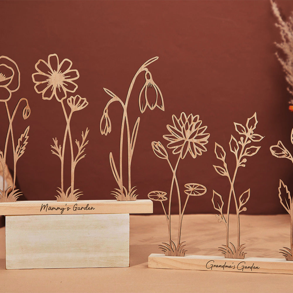 Personalized Wood Birth Flower Garden Engraved Flower Decoration Christmas Gift For Mom Grandma Gift