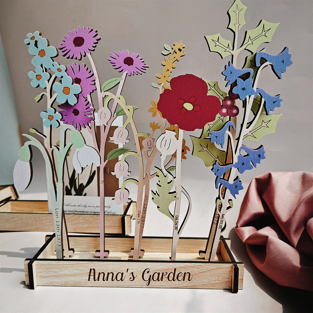 Engraved Birth Month Flower Garden Decorative Piece for Home and Housewarming Gift Christmas Gift For Mom Grandma
