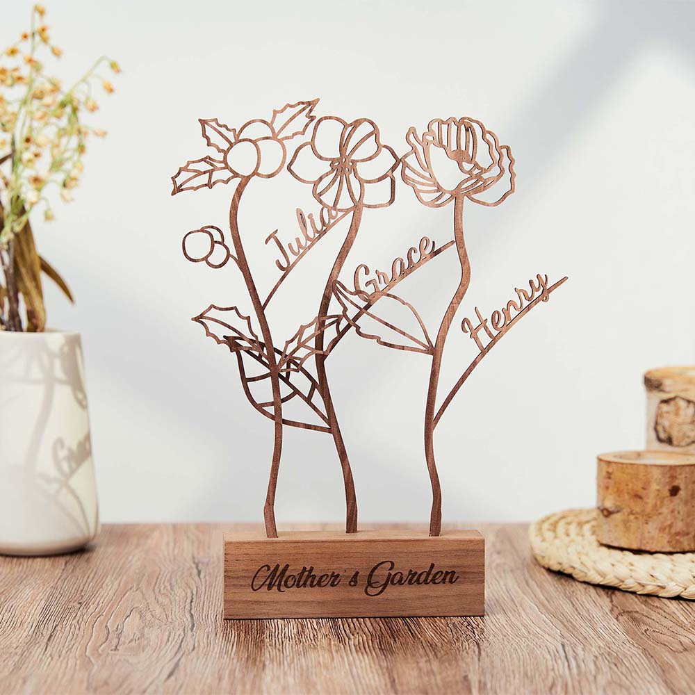 Wood Birth Flower with Names Christmas Gift for Mom Custom Wood Gifts Flower Decoration