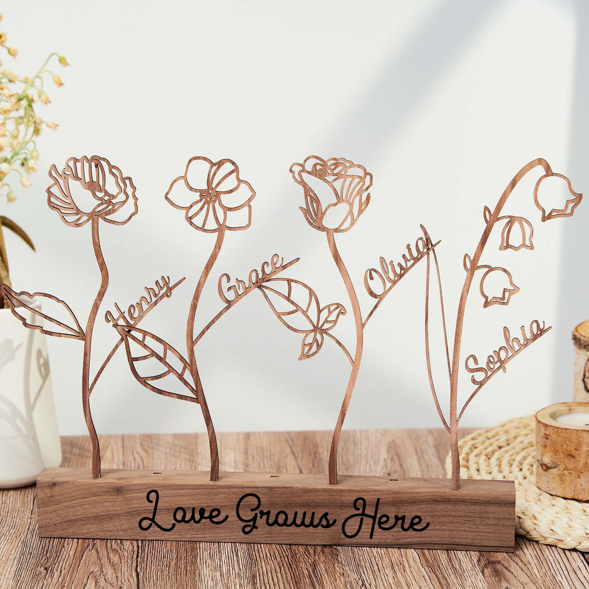 Wood Birth Flower with Names Christmas Gift for Mom Custom Wood Gifts Flower Decoration