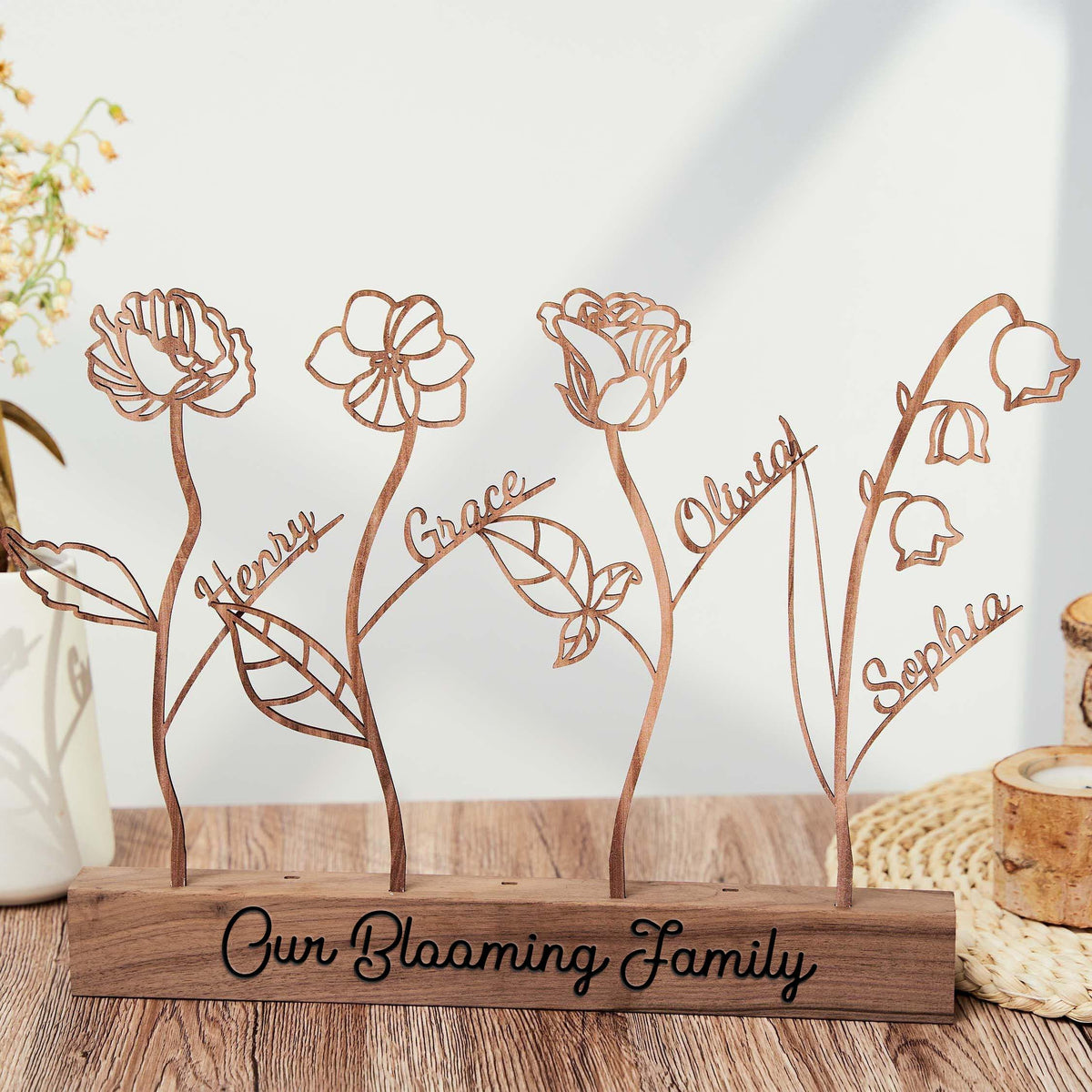 Wood Birth Flower with Names Christmas Gift for Mom Custom Wood Gifts Flower Decoration
