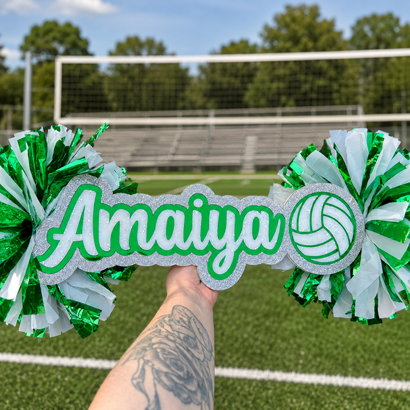 Customizable Cheer Stick with Volleyball Added | Acrylic Sign With Pom Poms