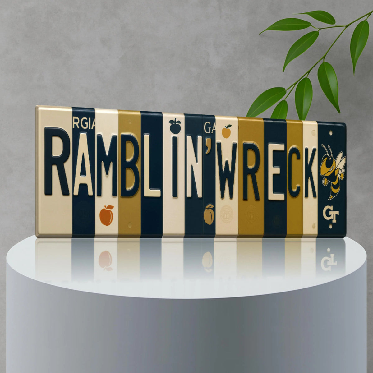 Ramblin’ Wreck License Plate Sign – Georgia Tech Yellow Jackets Metal Wall Art | Navy & Gold Fan Cave, Dorm and Tailgate Decor (16×6)