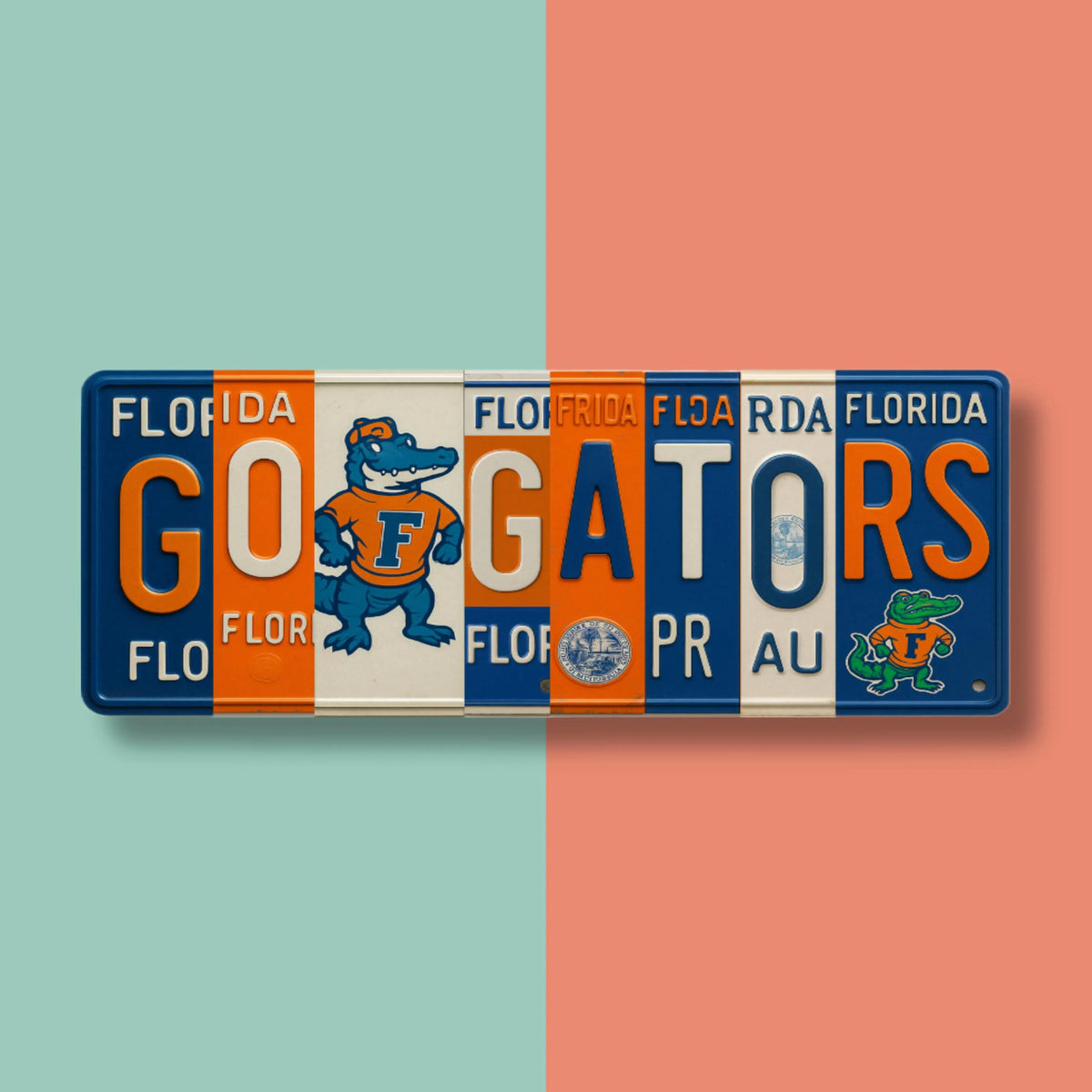 GO GATORS License Plate Sign – Florida Gators Metal Wall Art | Orange and Blue Fan Cave, Dorm and Tailgate Decor (16×6)