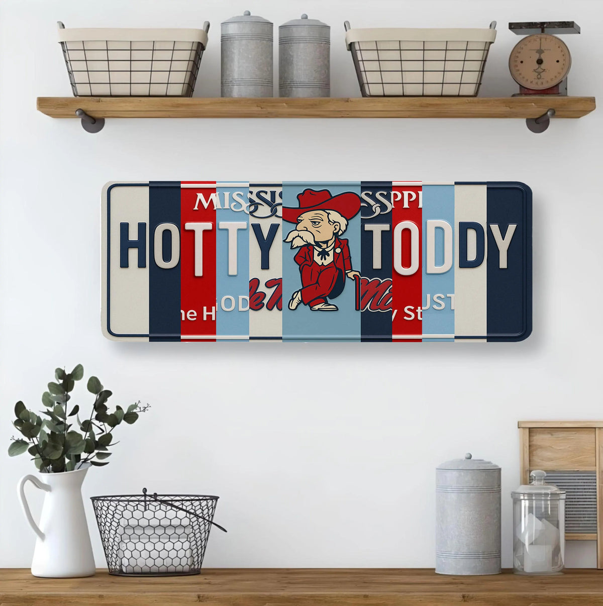 Hotty Toddy License Plate Sign – Ole Miss Rebels Metal Wall Art | Navy and Cardinal Fan Cave, Dorm & Game Day Decor (16×6)