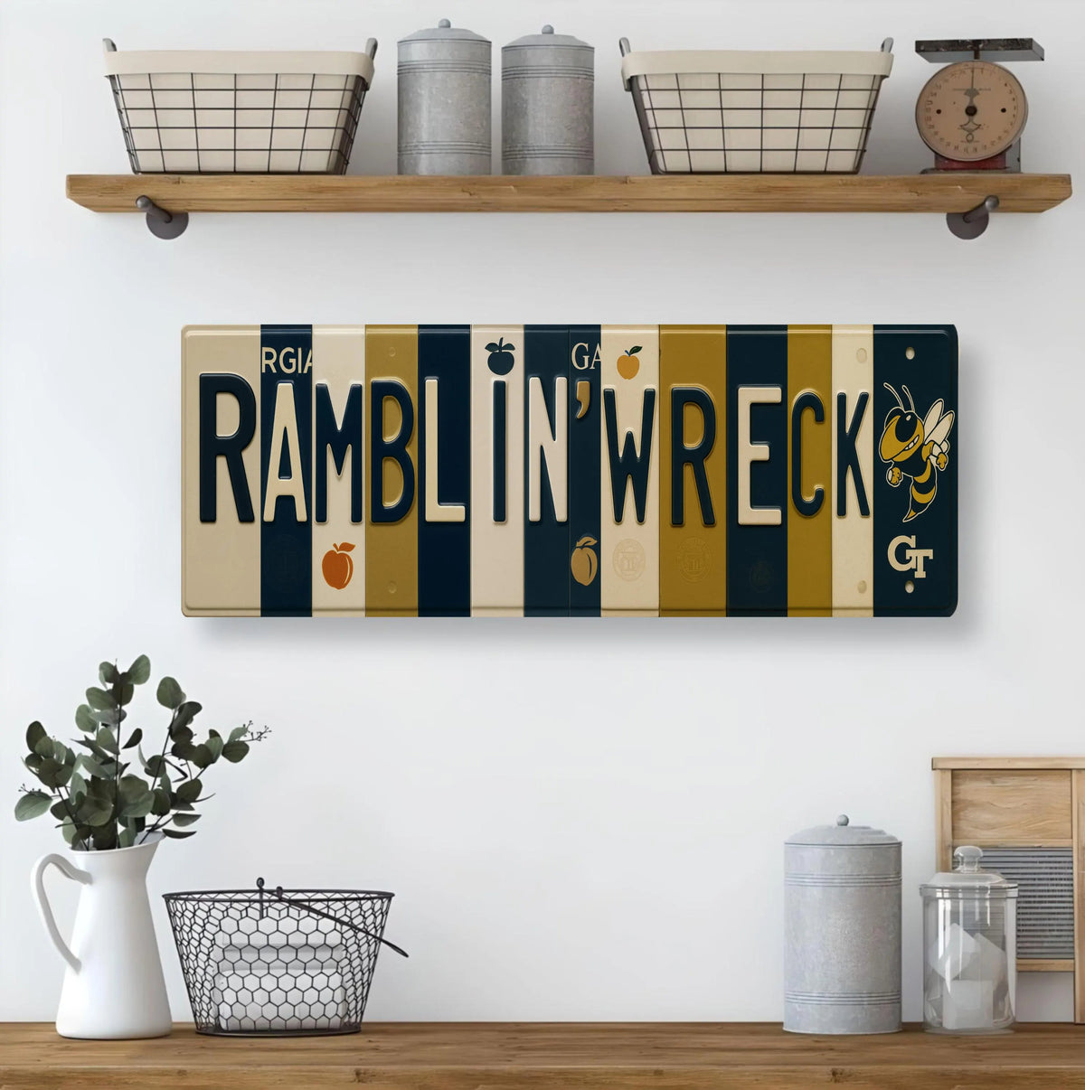 Ramblin’ Wreck License Plate Sign – Georgia Tech Yellow Jackets Metal Wall Art | Navy & Gold Fan Cave, Dorm and Tailgate Decor (16×6)