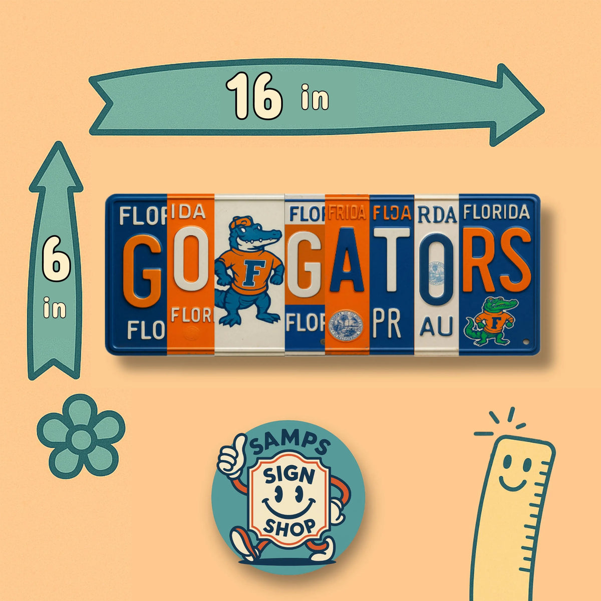 GO GATORS License Plate Sign – Florida Gators Metal Wall Art | Orange and Blue Fan Cave, Dorm and Tailgate Decor (16×6)