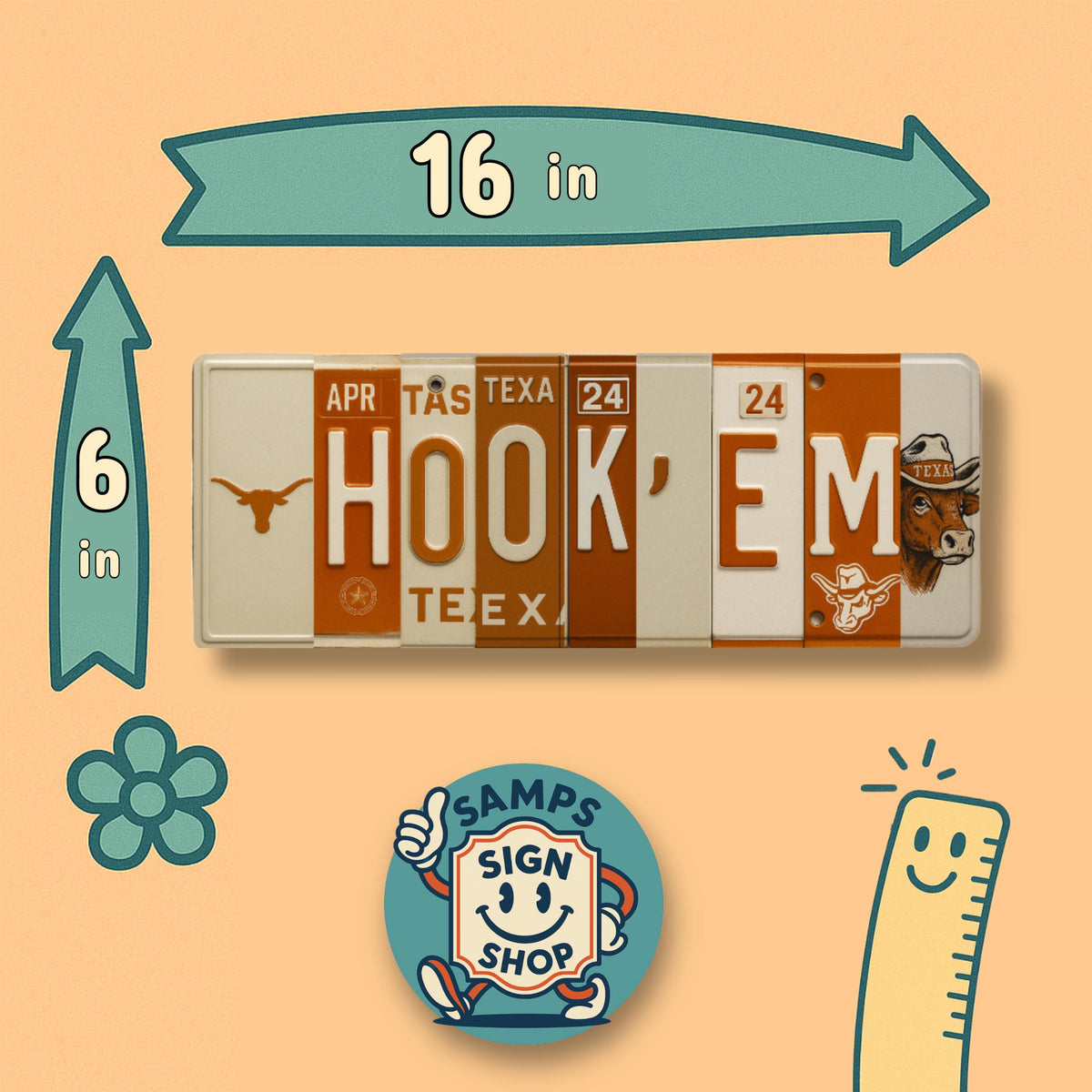 Hook ’Em License Plate Sign – Texas Longhorns Metal Wall Art | Burnt Orange & White Fan Cave, Dorm and Game Day Decor (16×6)