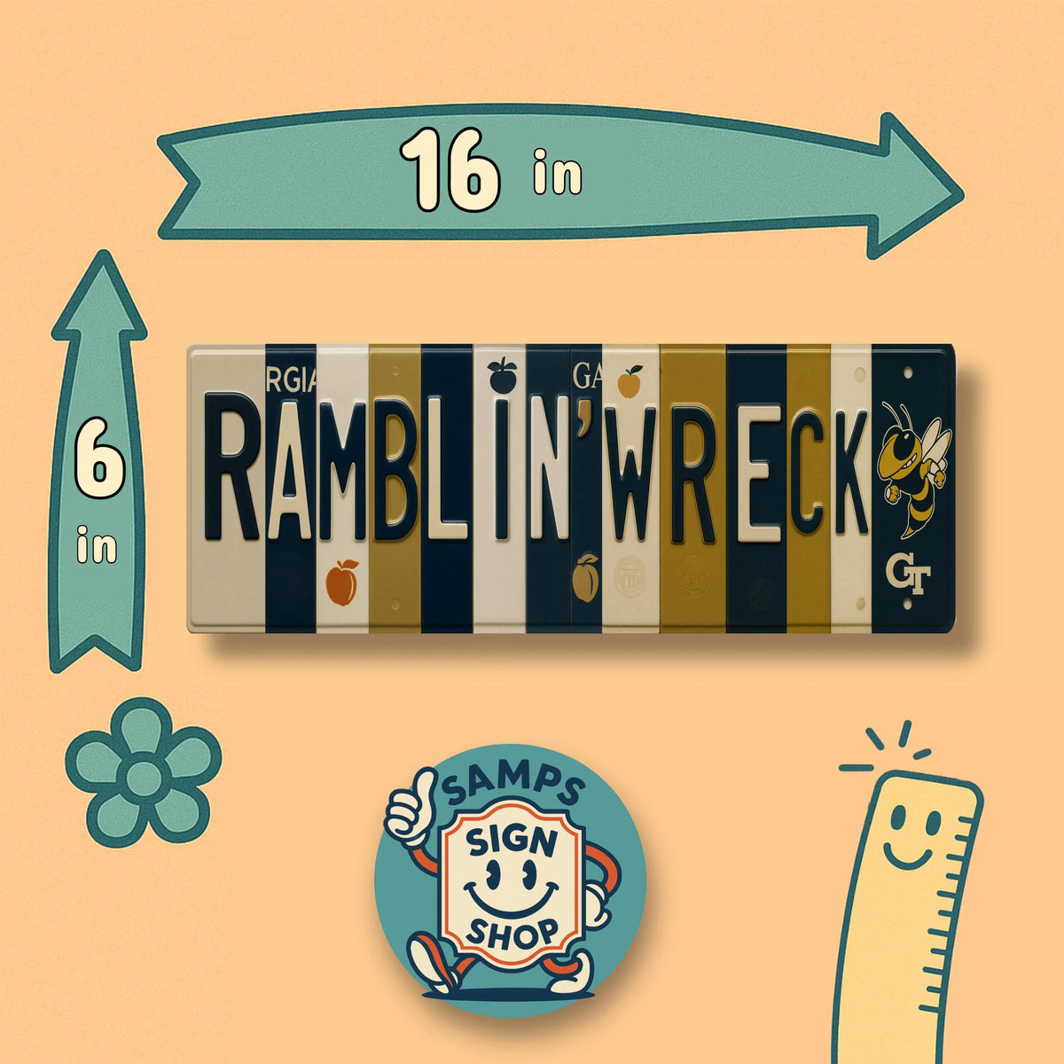 Ramblin’ Wreck License Plate Sign – Georgia Tech Yellow Jackets Metal Wall Art | Navy & Gold Fan Cave, Dorm and Tailgate Decor (16×6)