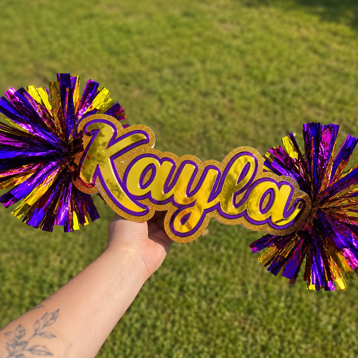 Custom Cheer Stick Sign With Pom Poms Personalized School Spirit Accessory